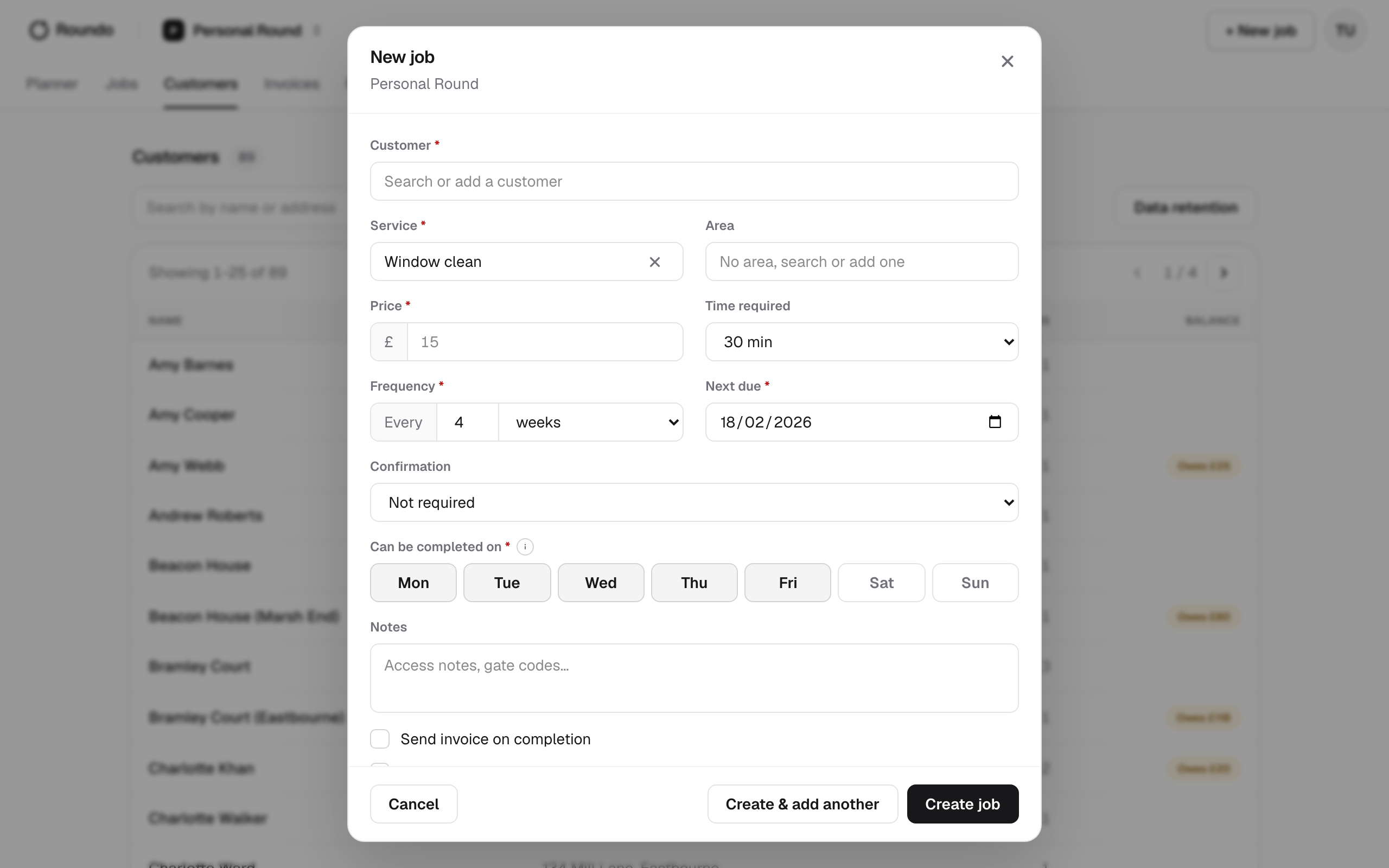 The New job form, with the customer, service, price and repeat schedule.