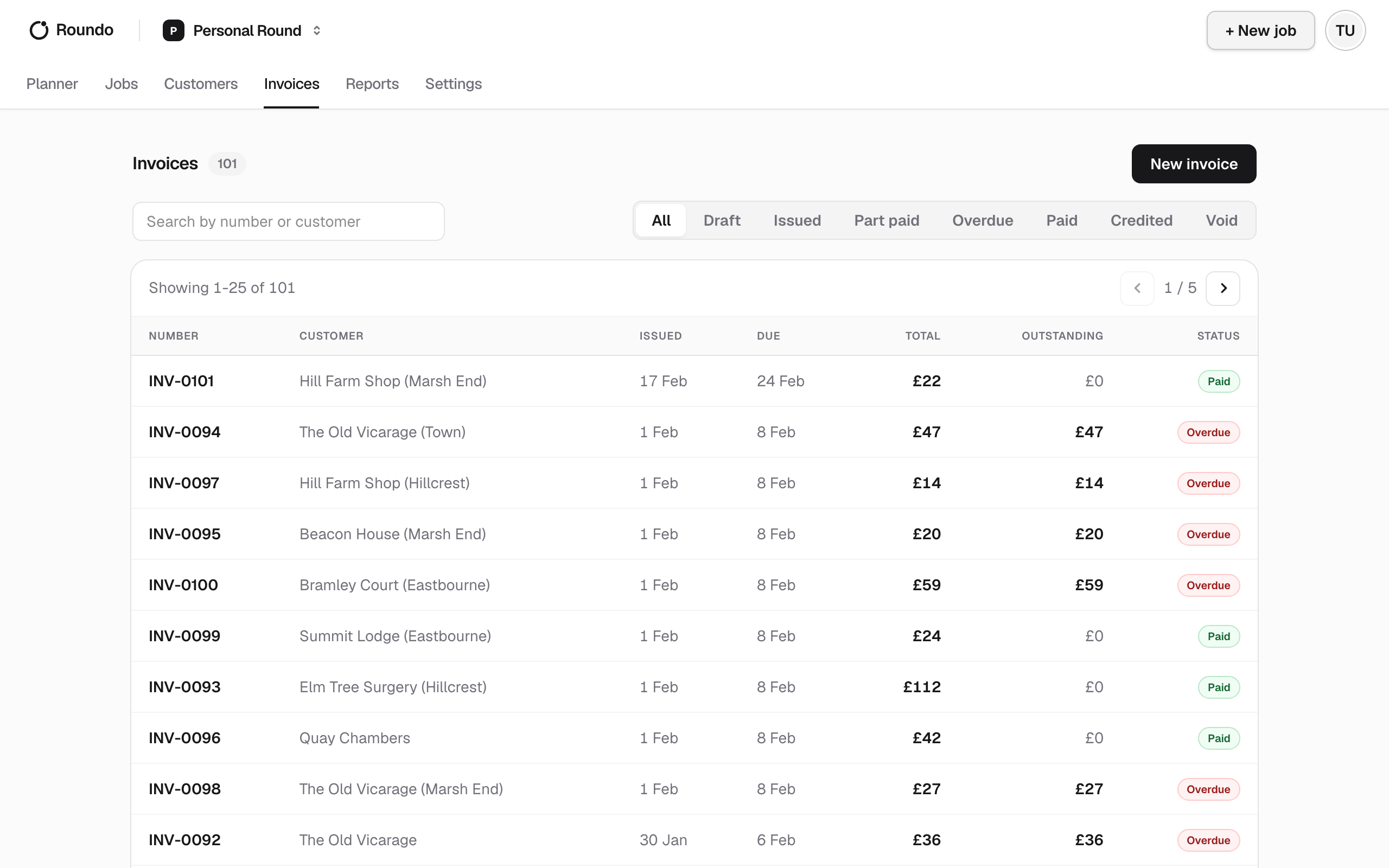 The Invoices list, showing numbered invoices with their status and outstanding amount.