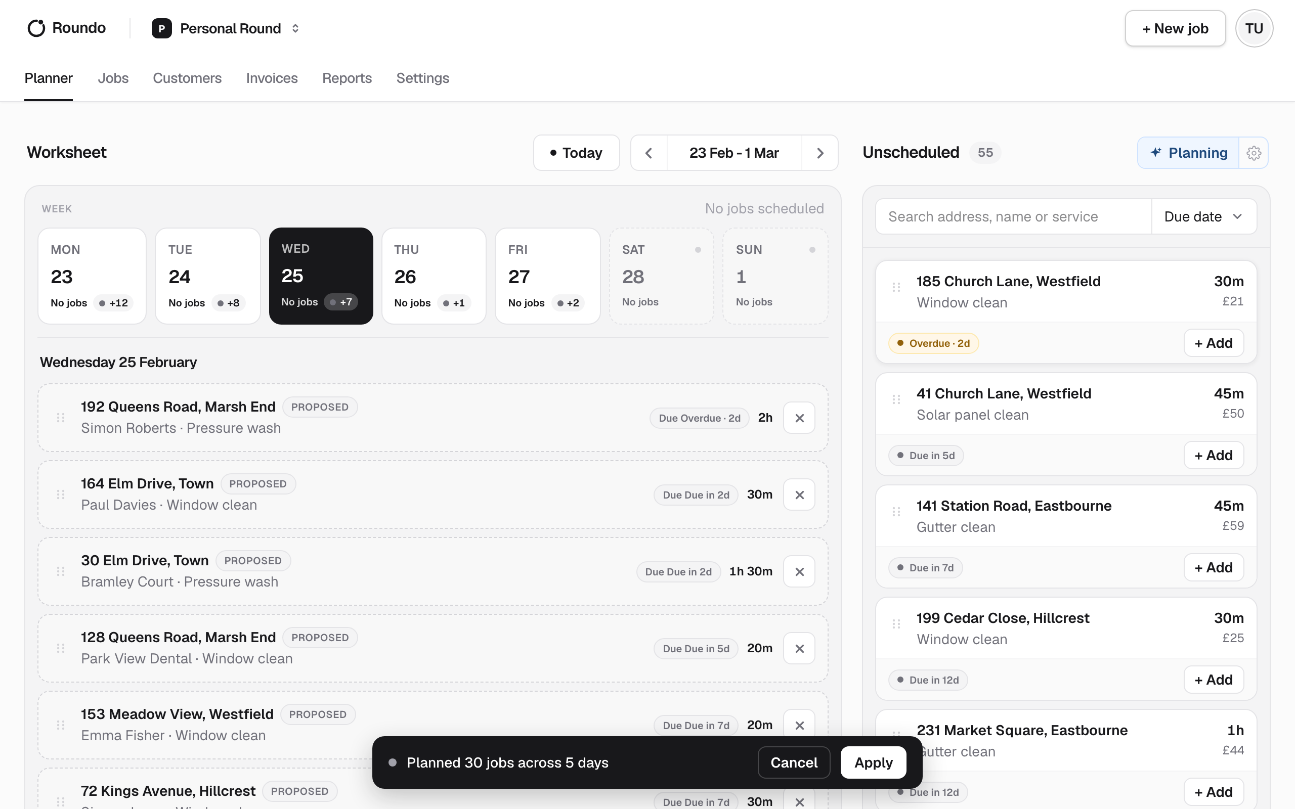 An Auto Plan preview: proposed jobs shown as ghost cards across the week with a summary bar and Apply button.