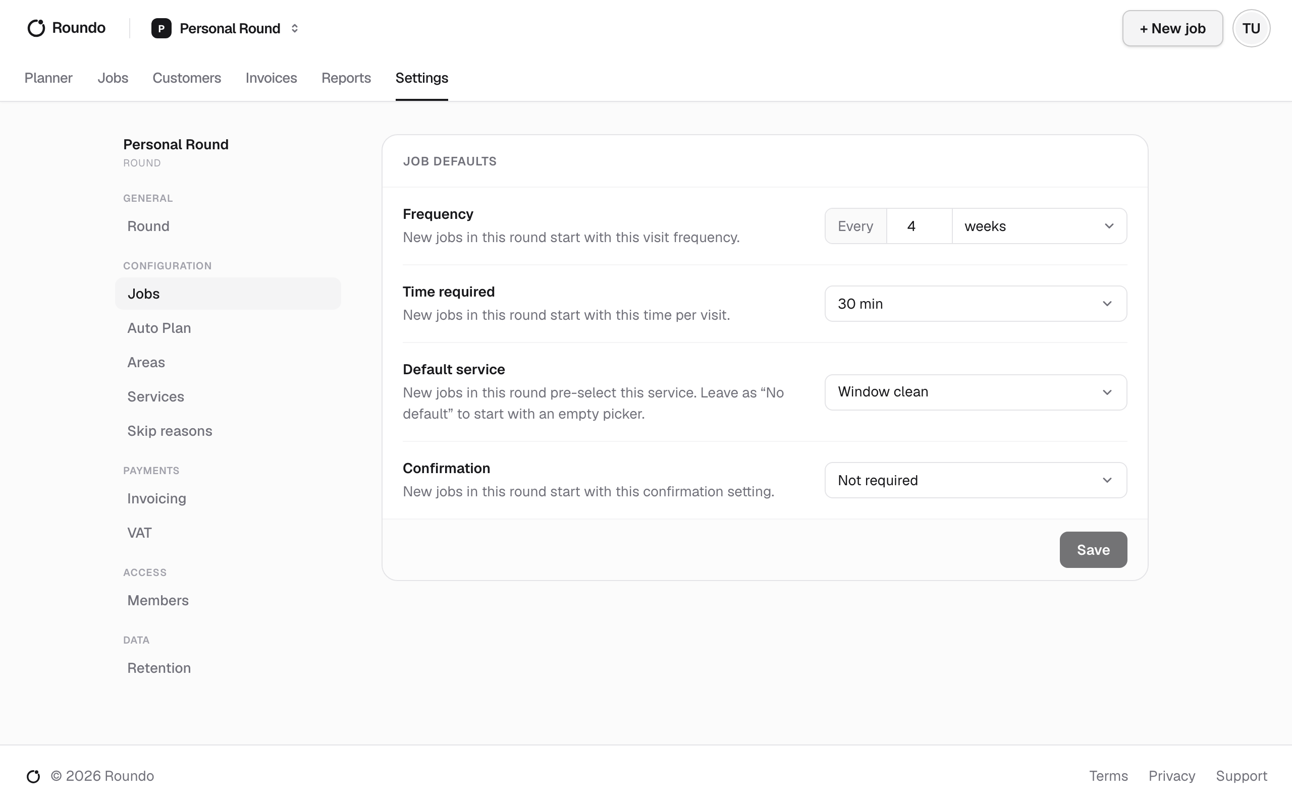 The Job defaults section, setting the frequency, time required and default service new jobs inherit.
