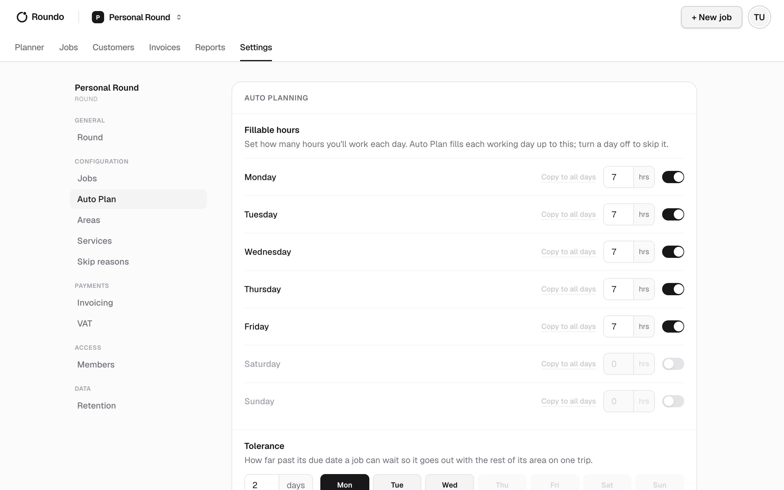 The Auto Planning section, with Fillable hours set per weekday.